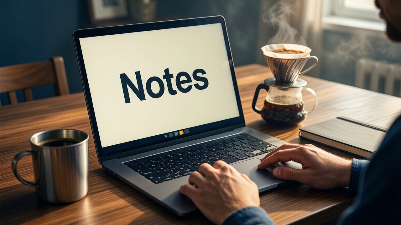 An open laptop on a teak dining table beside a steel cup of filter coffee and a closed paper notebook, warm morning light from the side; the laptop screen is one flat cream field with the word "Notes" in large dark letters