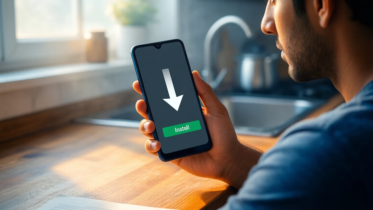 A young Indian man at a kitchen counter in morning light, seen from the side, holding one Android phone at chest height with its screen angled toward us, only one person and one phone in the picture, the screen charcoal with a large white downward arrow and one wide green button with the word "Install" under it