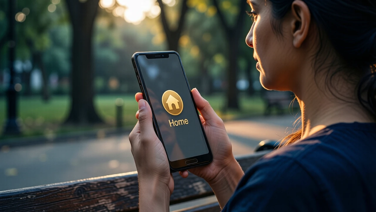 An Indian woman in her thirties on a park bench under trees in early evening light, seen from the side, holding one Android phone at chest height with its screen angled toward us; the phone screen is one flat charcoal field with one large round gold app icon and the word "Home" in gold letters
