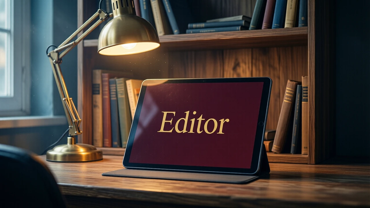 A small sunlit home office with a wooden bookshelf behind a desk, a brass desk lamp lighting a tablet propped upright on a stand; the tablet screen is one flat deep wine-red field with the word "Editor" in large gold letters; nobody in the frame