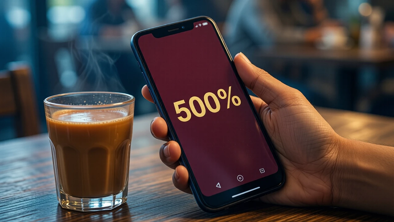 Close-up of an Indian woman's hand resting on a café table beside a glass of masala chai, holding one Android phone; the whole phone screen is one flat deep wine-red field with the large number "500%" printed flat in gold in the middle