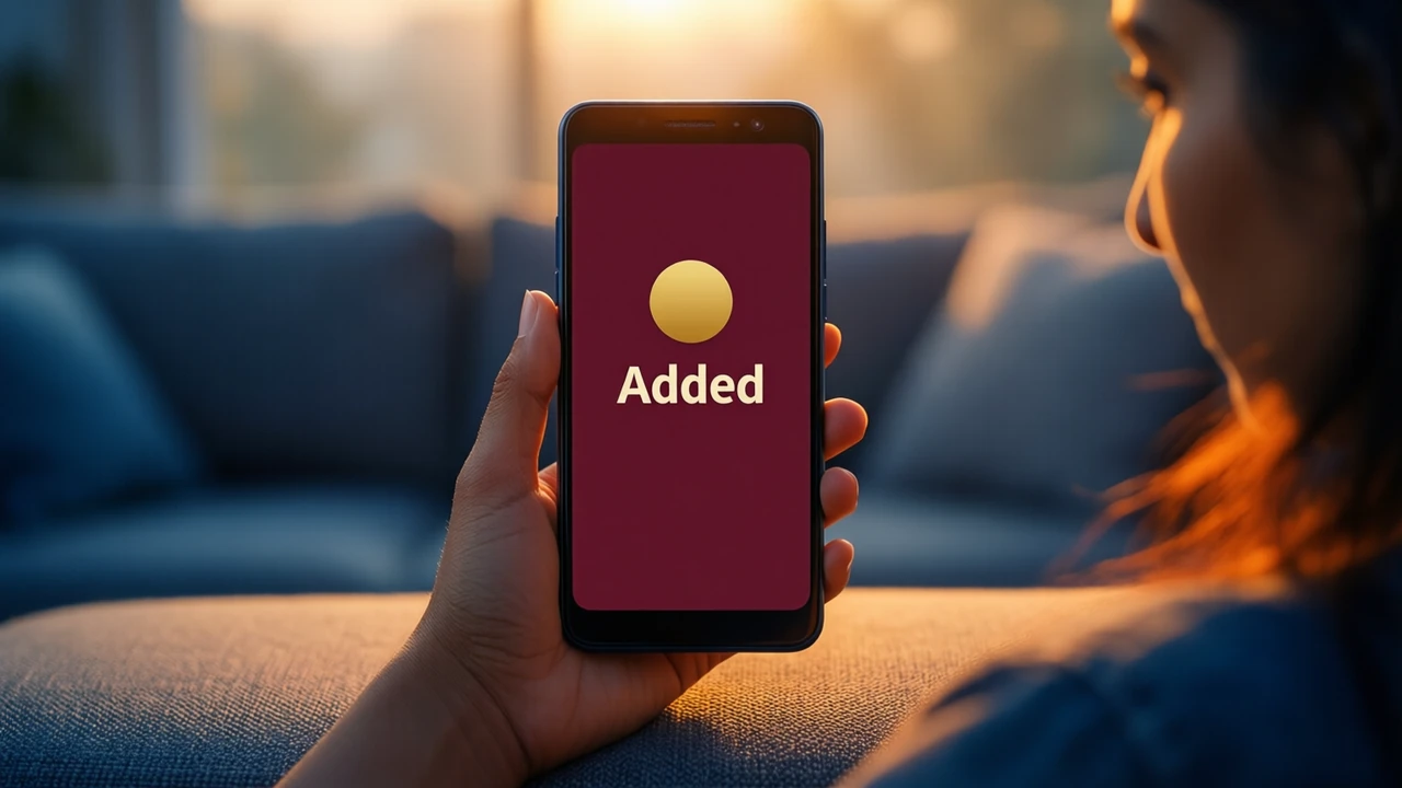 An Indian woman in her late twenties on a sofa in warm evening light, holding an Android phone toward us in her right hand; the phone screen is one flat deep wine-red field with a single round gold icon in the middle and the word "Added" under it in large cream letters