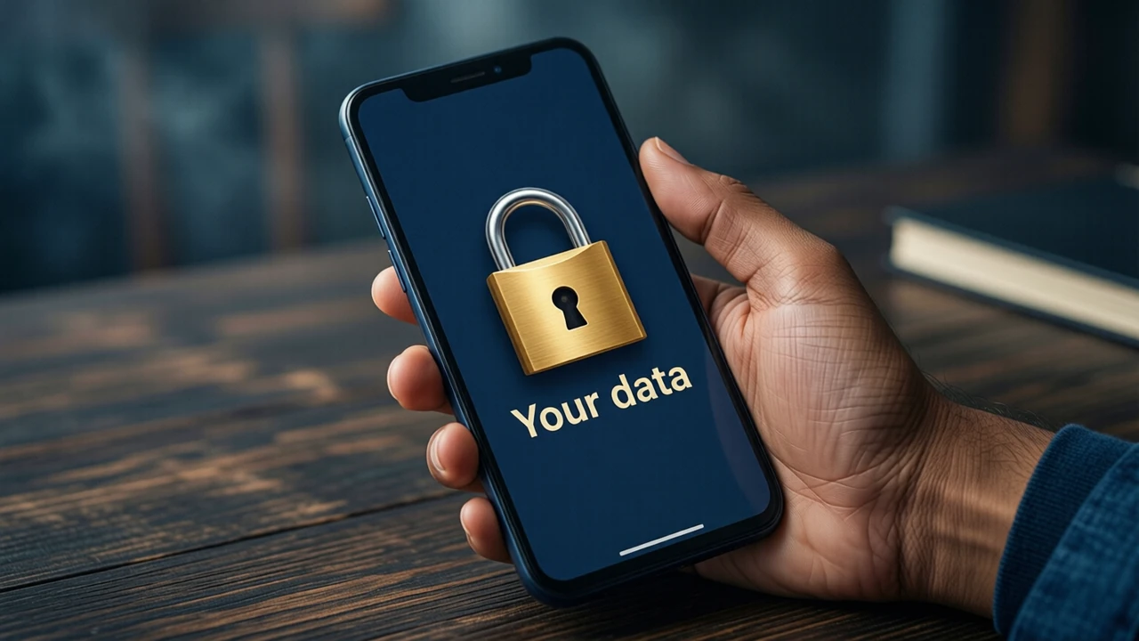 Close-up of an Indian man's hand holding one Android phone over a dark wooden desk; the whole phone screen is one flat navy field with a large closed gold padlock, shackle locked shut, and the words "Your data" under it in cream letters