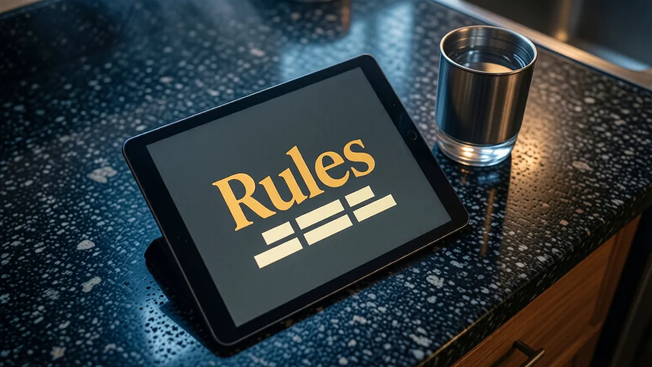 A tablet lying flat on a dark granite kitchen counter at night beside a steel tumbler of water, seen from above at an angle; the tablet screen is one flat charcoal field with the word "Rules" in large gold letters and three short cream bars under it